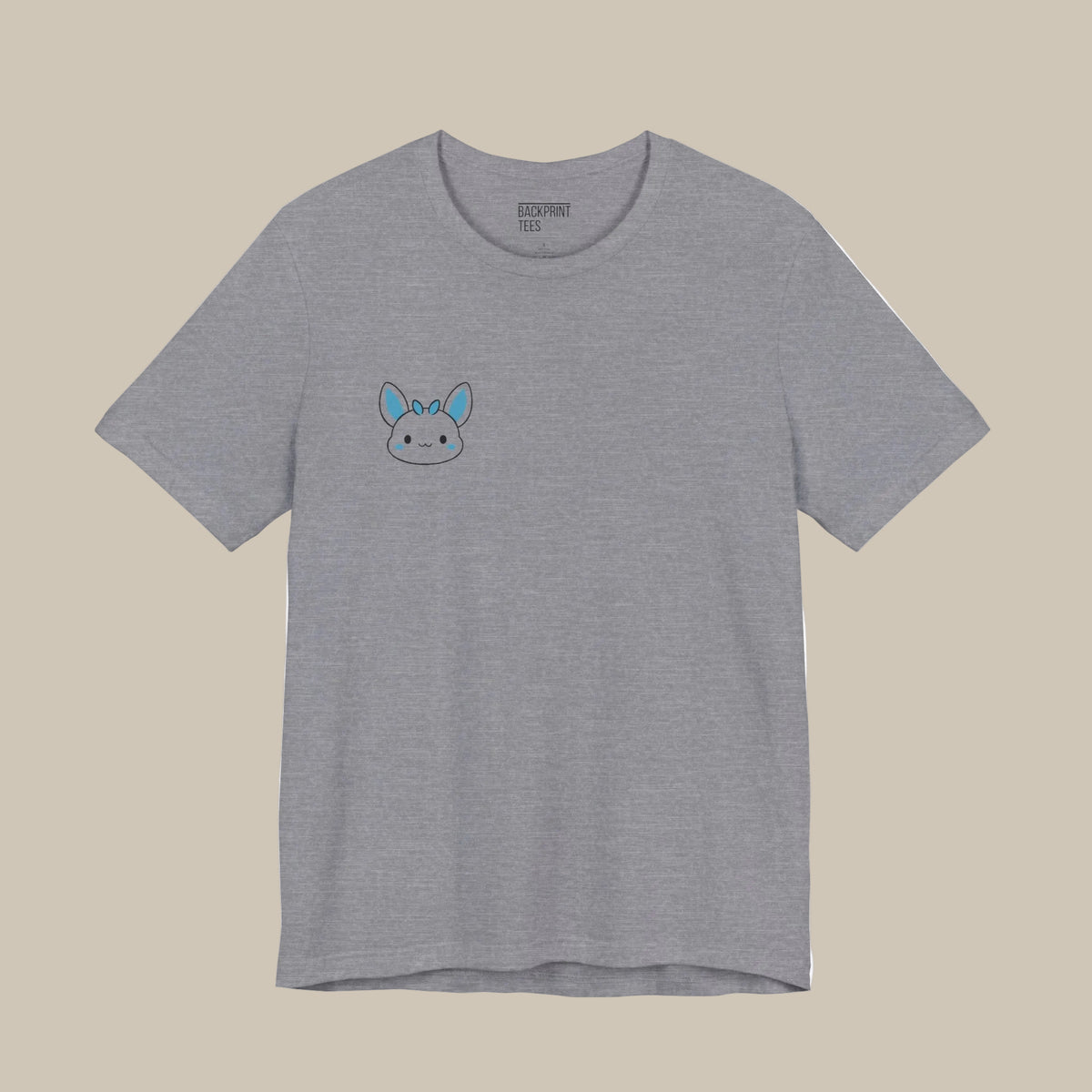 Gray backprint t-shirt with a kawaii pet logo on a gray background