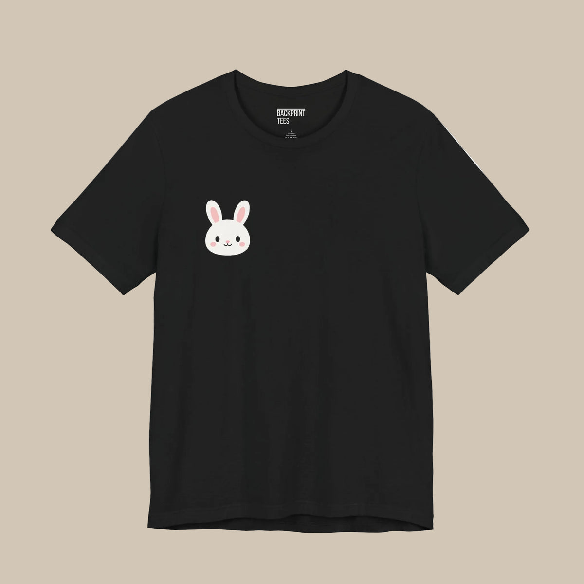 Black backprint t-shirt with a kawaii bunny graphic on a black background