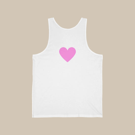 White tank top with a pink heart on a white background