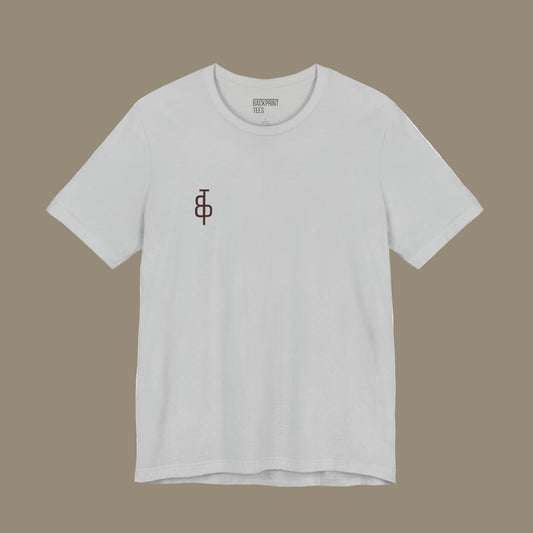 Gray t-shirt with a logo on a gray background