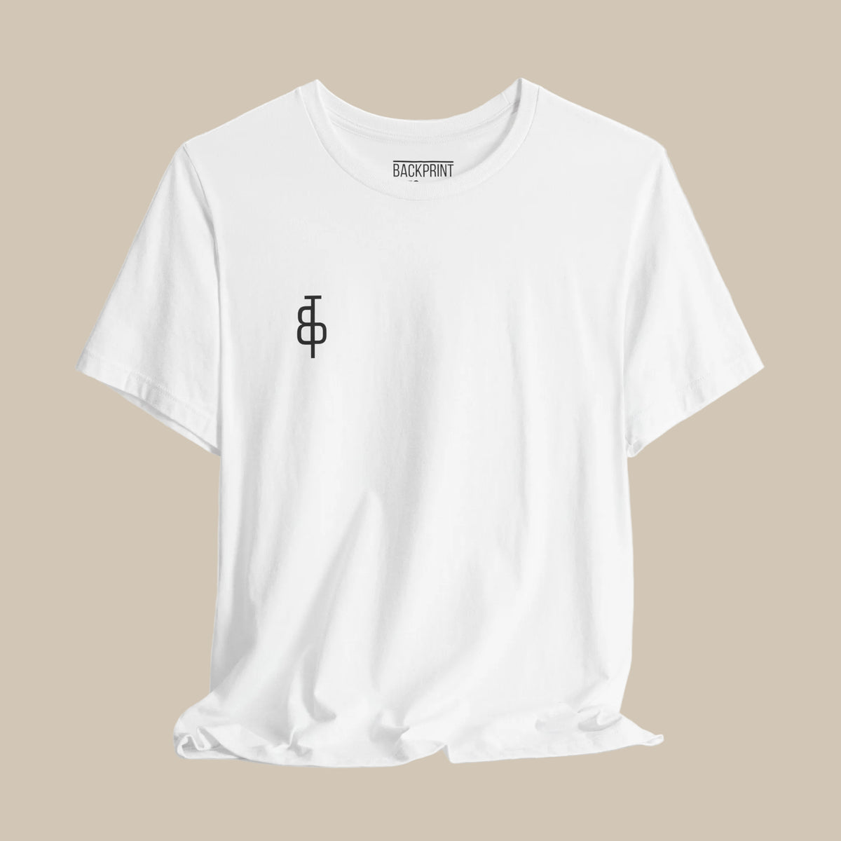 White gym t-shirt with a black logo on a light white background