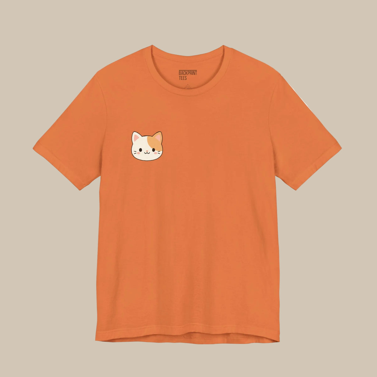 Orange backprint t-shirt with a kawaii cat face design on a orange background