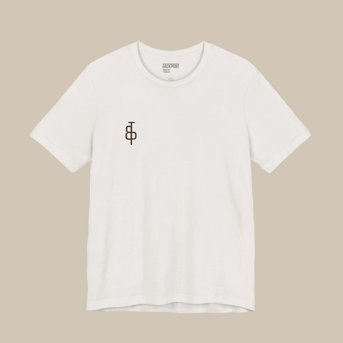 White t-shirt with a black logo on a white background