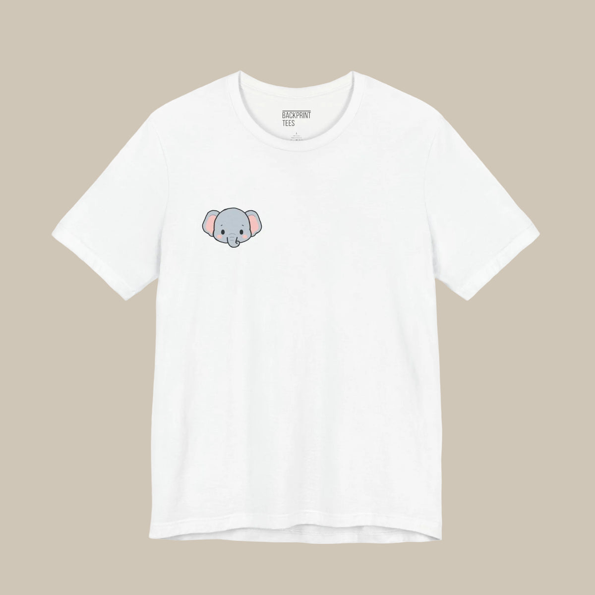 White backprint t-shirt with a small kawaii elephant logo on a white background