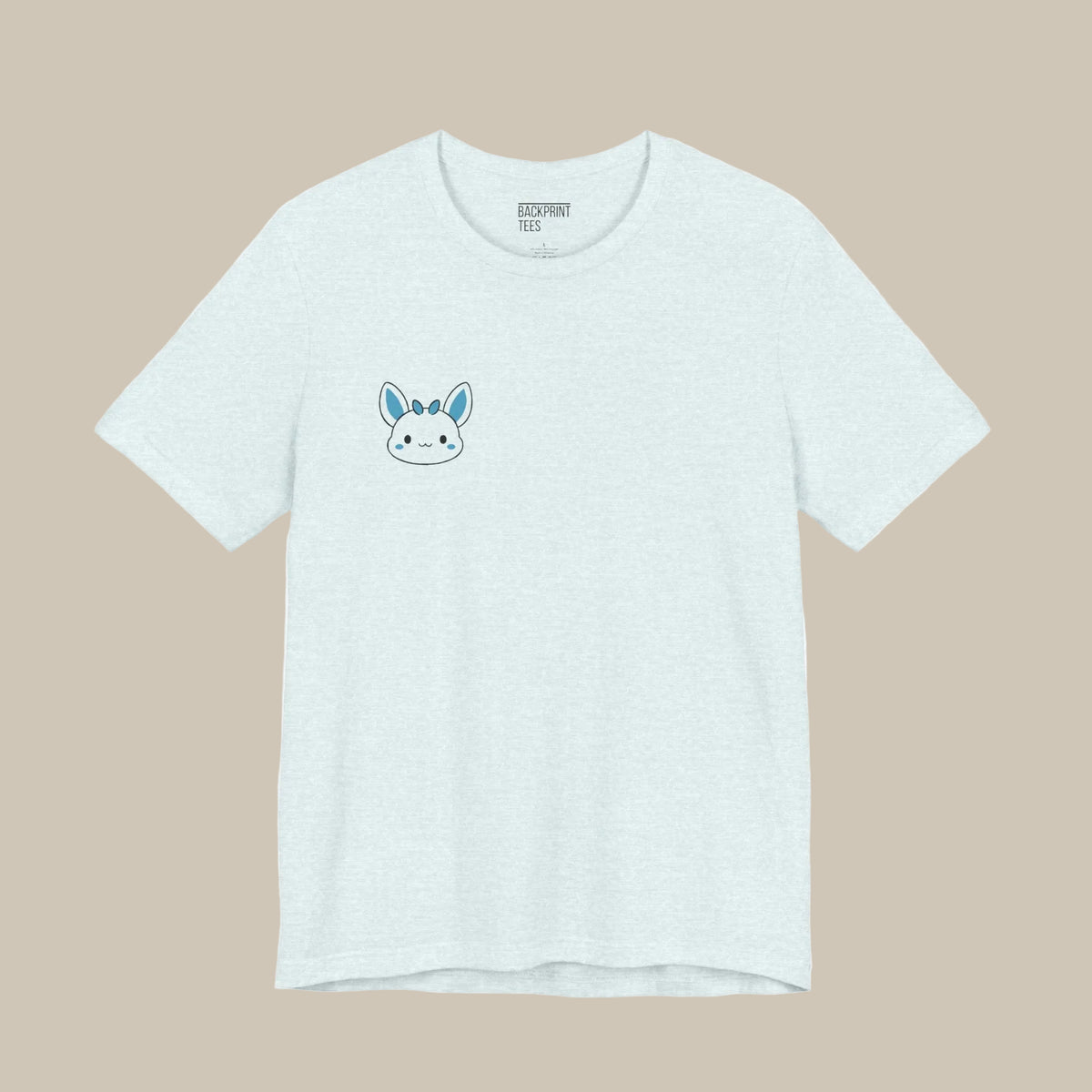 Light blue backprint t-shirt with a kawaii pet logo on a light blue background