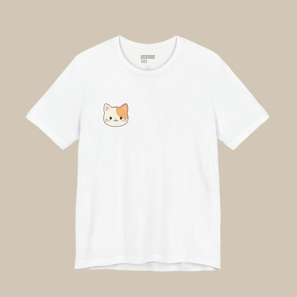 White backprint t-shirt with a kawaii cat design on a white background