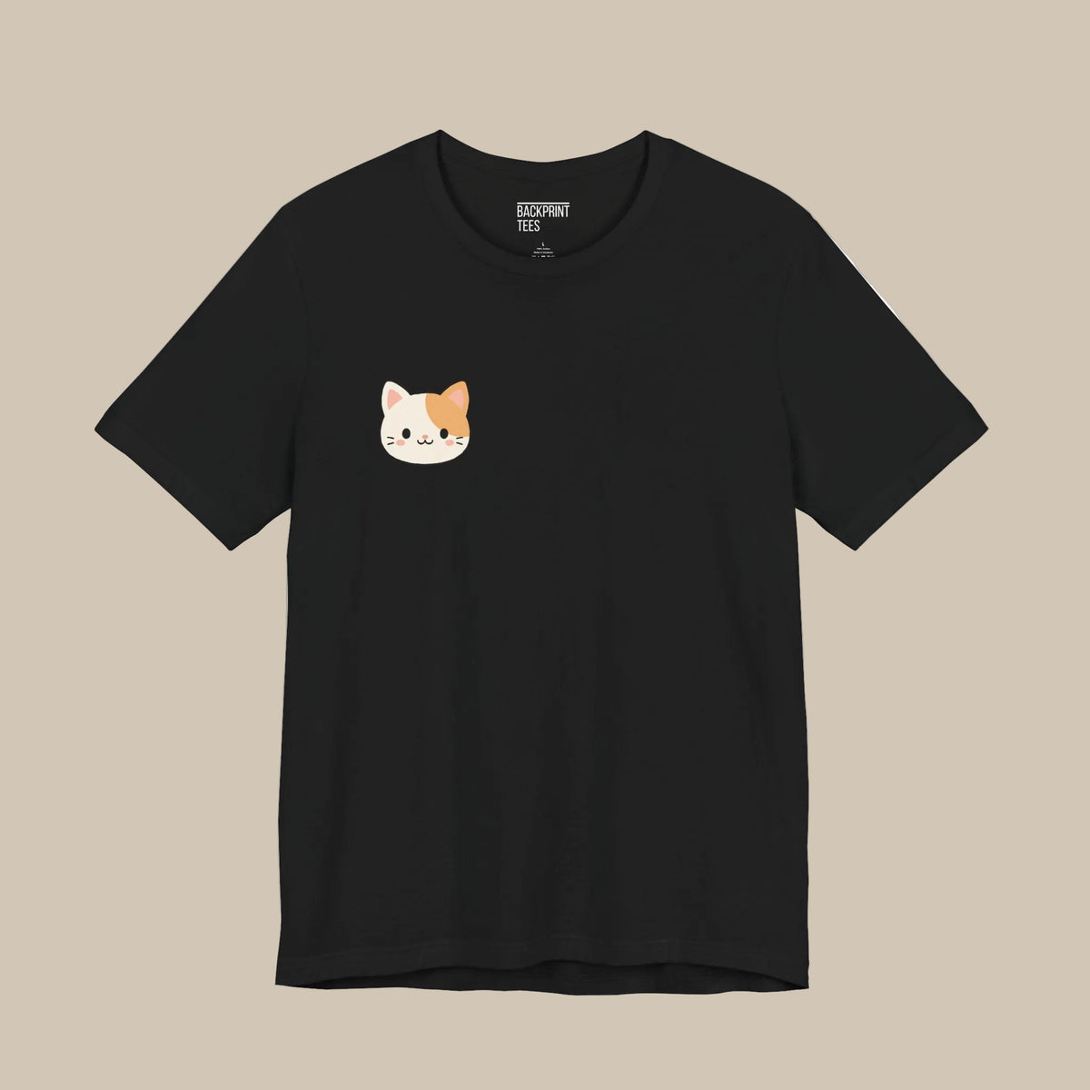 Black backprint t-shirt with a small kawaii cat on a black background