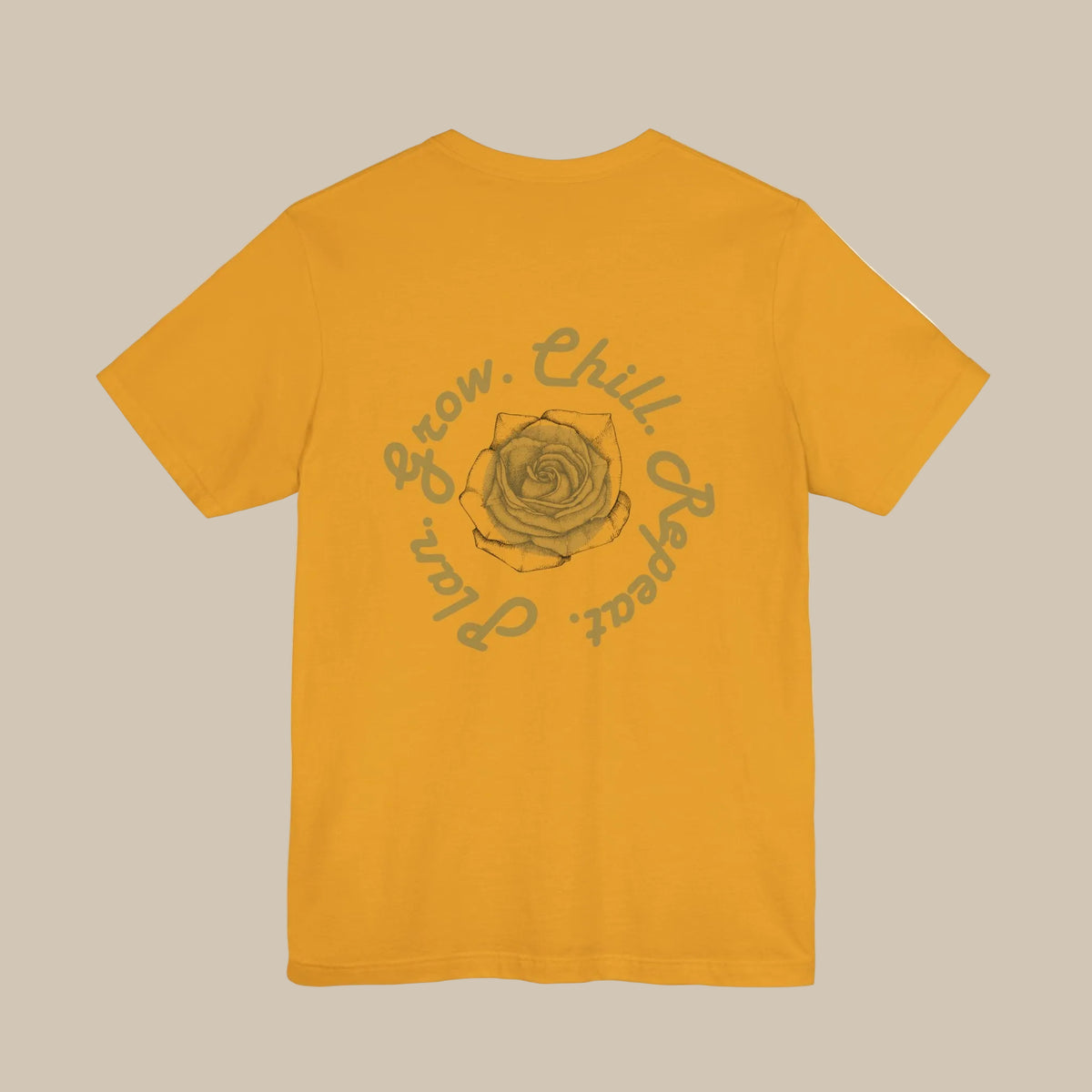 Yellow t-shirt with a rose design and text on the back against a yellow background