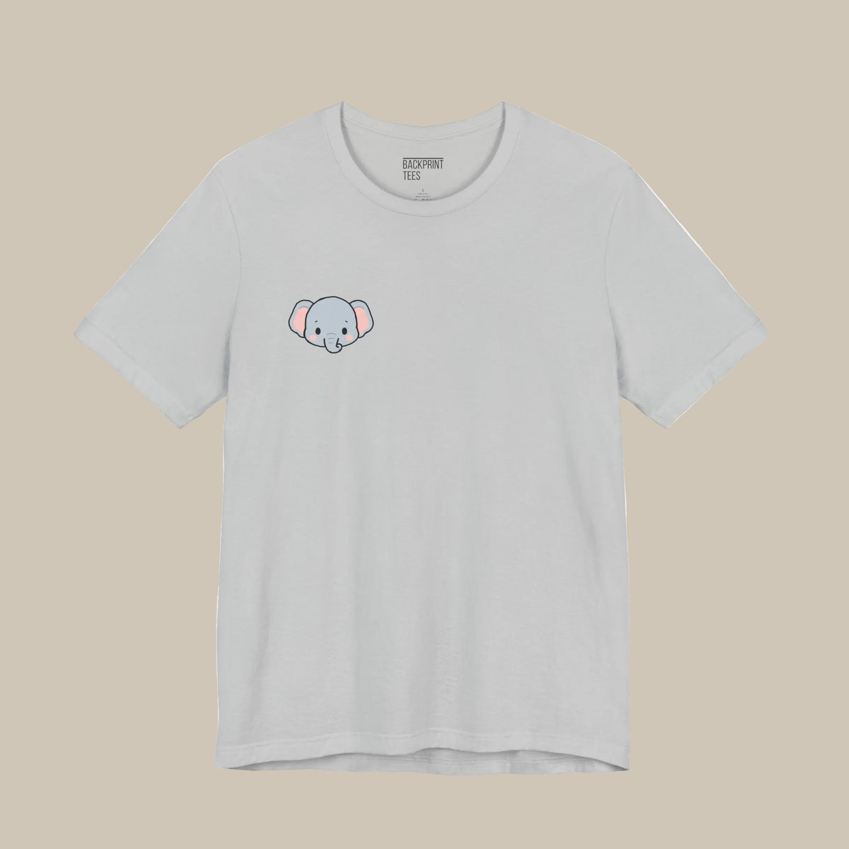 Grey backprint t-shirt with a small kawaii elephant logo on a white background