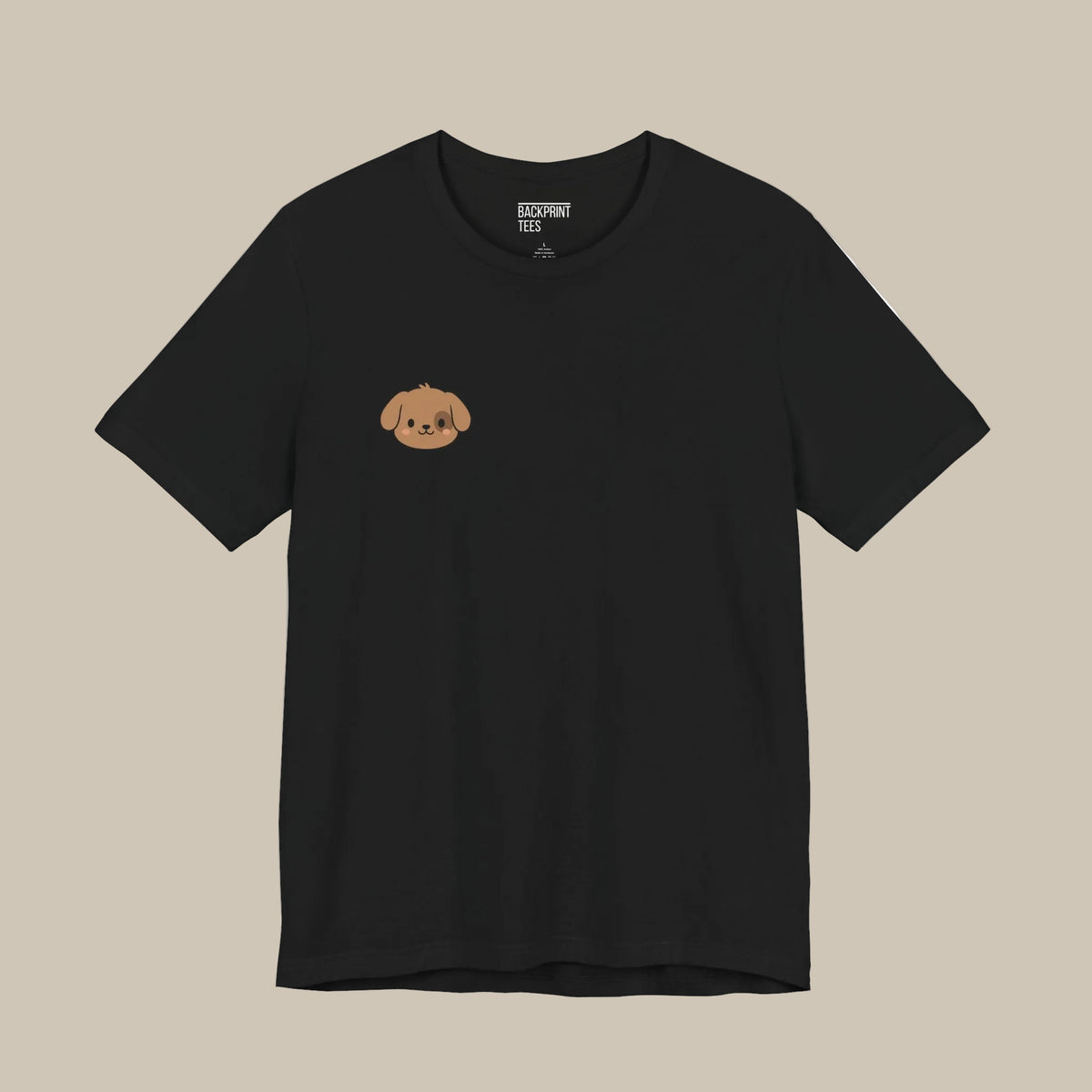 Black backprint t-shirt with a small kawaii dog logo on a white background