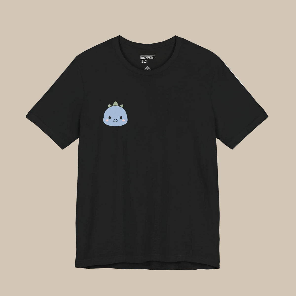 Black backprint t-shirt with a blue and green dinosaur graphic design on a black background