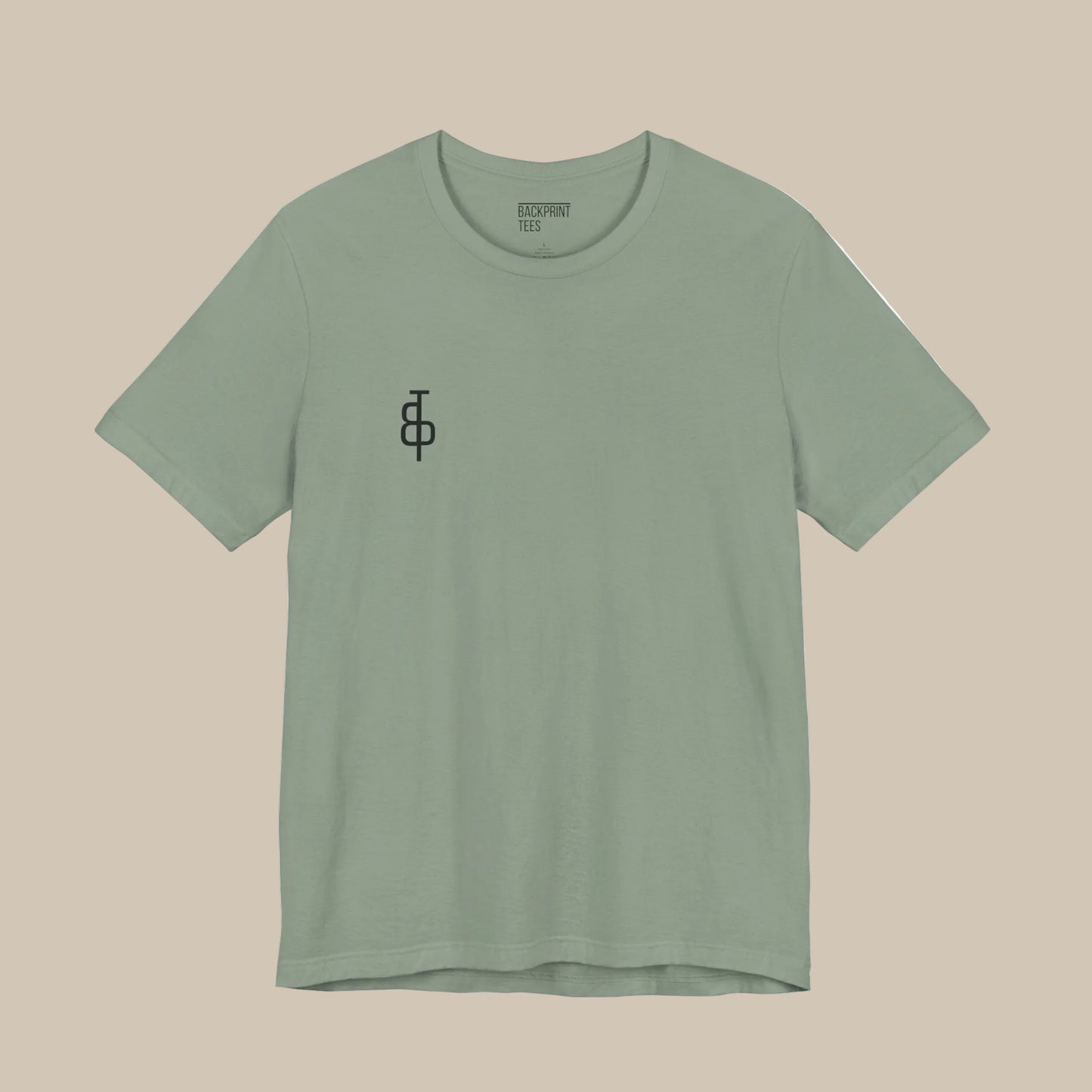 Sage green gym t-shirt with a black logo on a green background