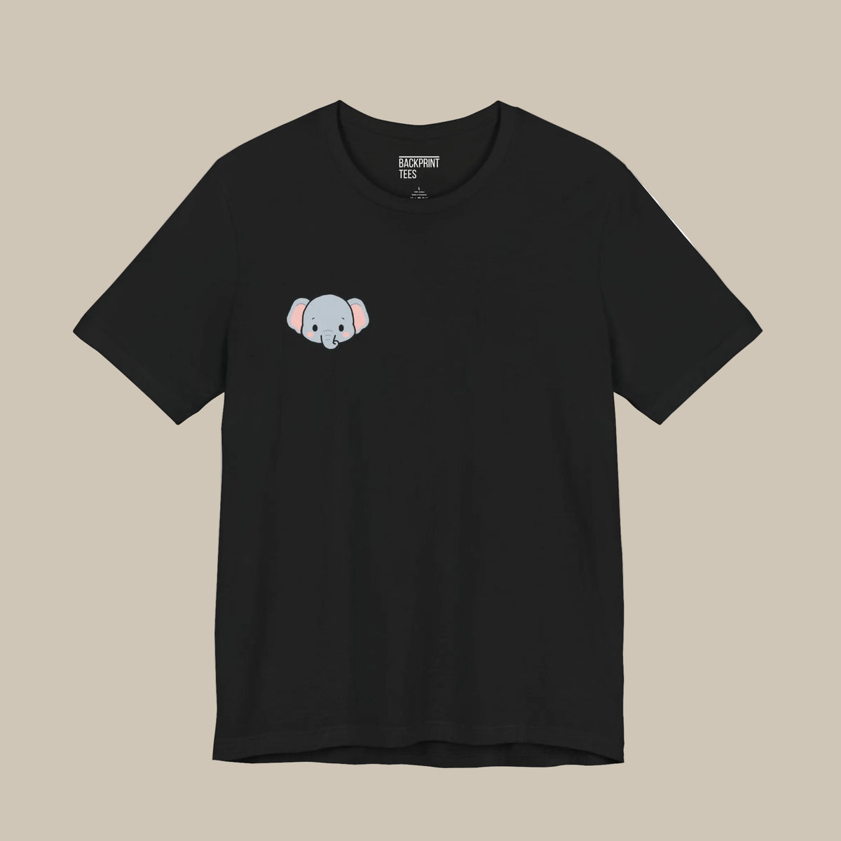 Black backprint t-shirt with a small kawaii elephant graphic on a black background