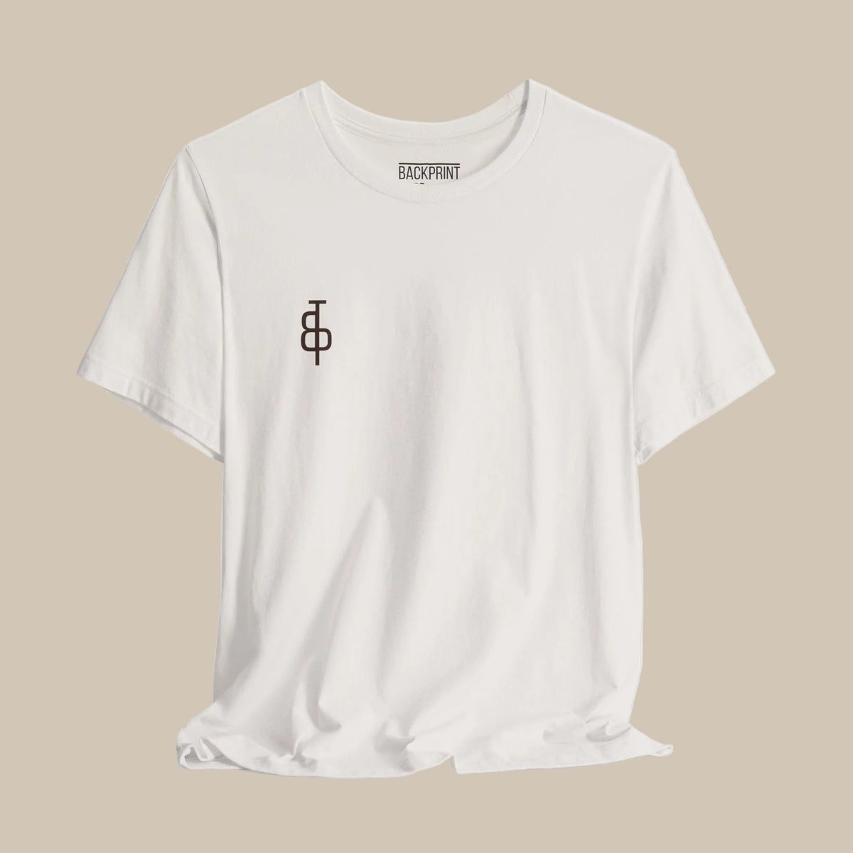 White t-shirt with a black logo on a white background