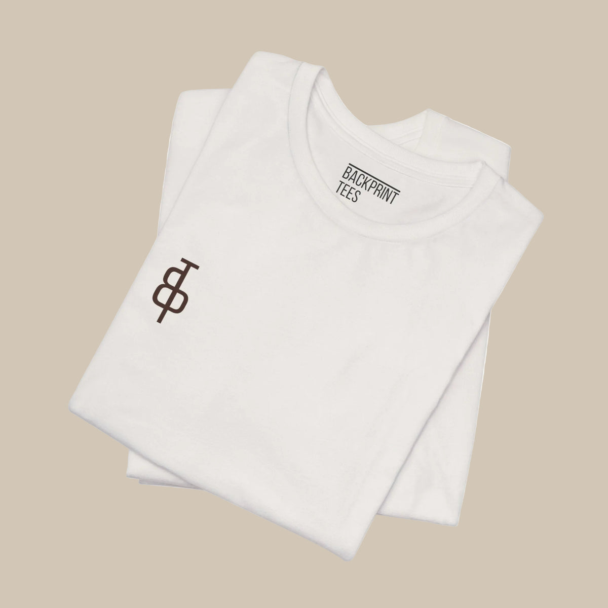 White t-shirts with a logo and text on a white background