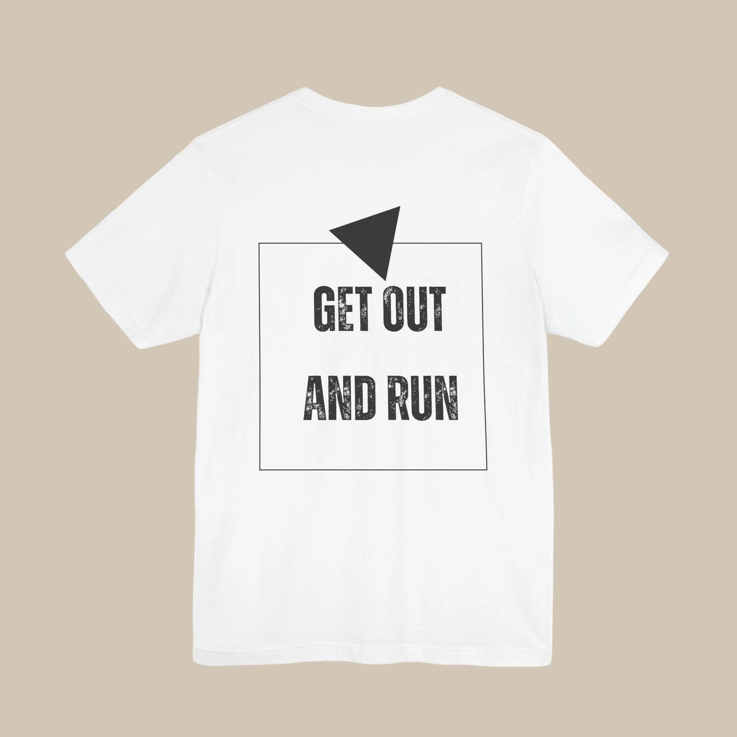 White t-shirt with 'GET OUT AND RUN' backprint text against a white background