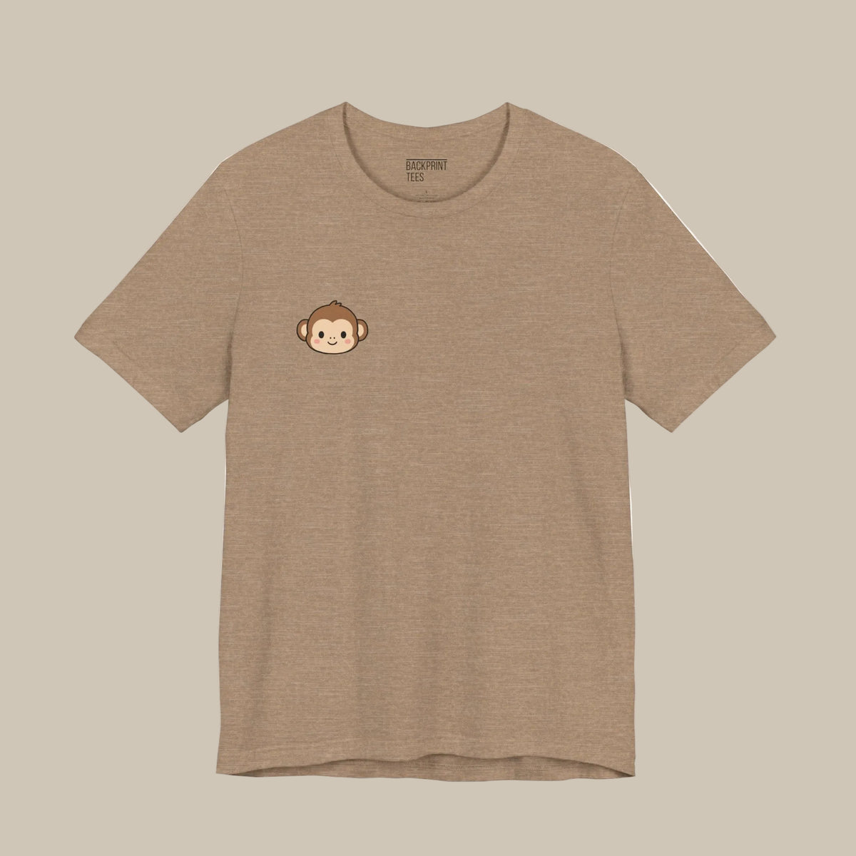 Brown backprint t-shirt with a kawaii monkey logo on a brown background
