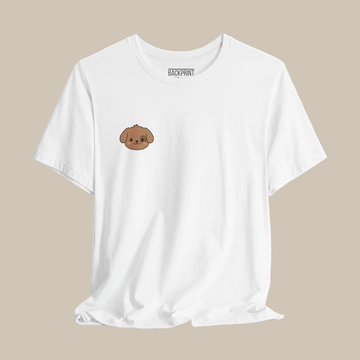 White hangin backprint t-shirt with a kawaii dog graphic on a white background