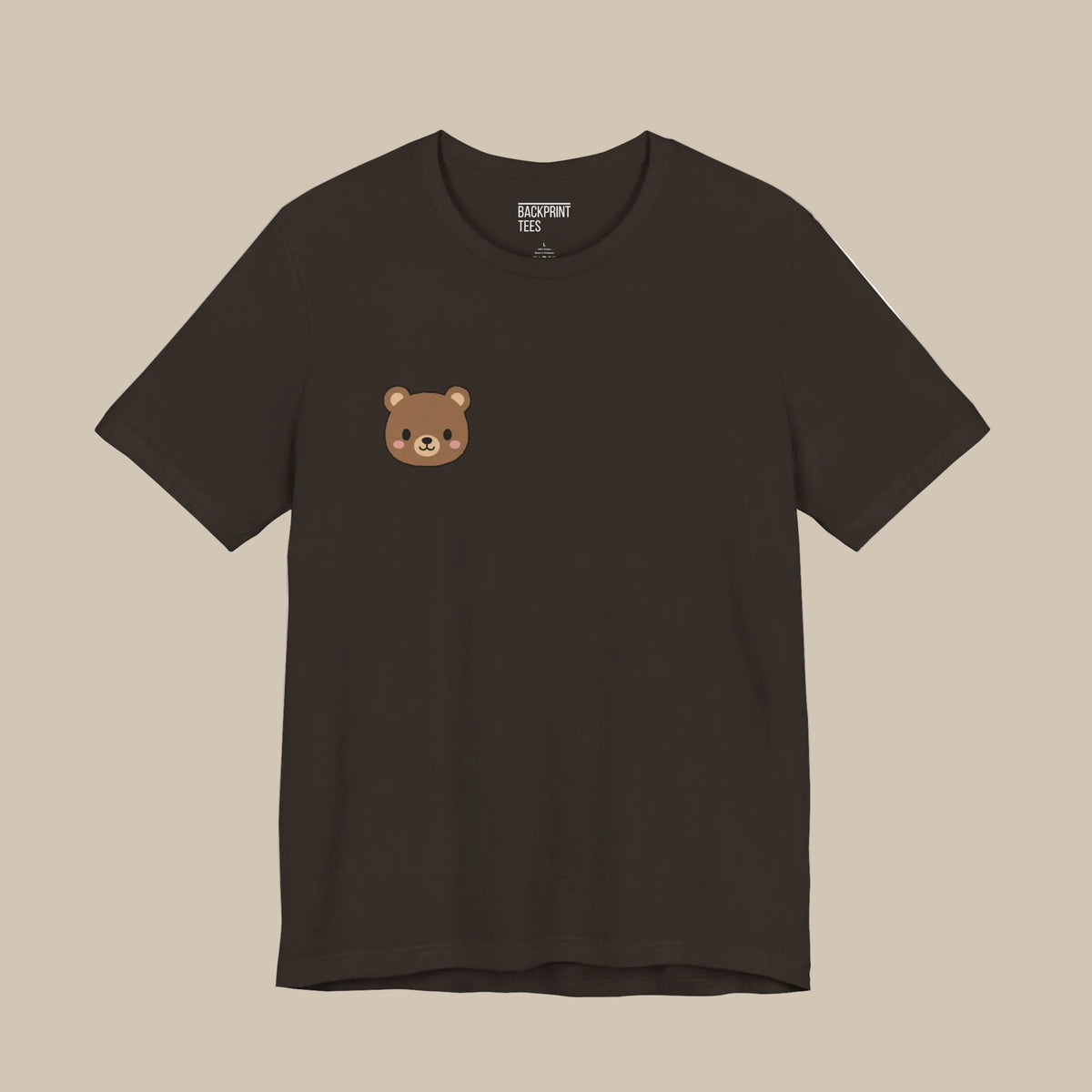 Brown t-shirt with a kawaii bear face design on a brown background