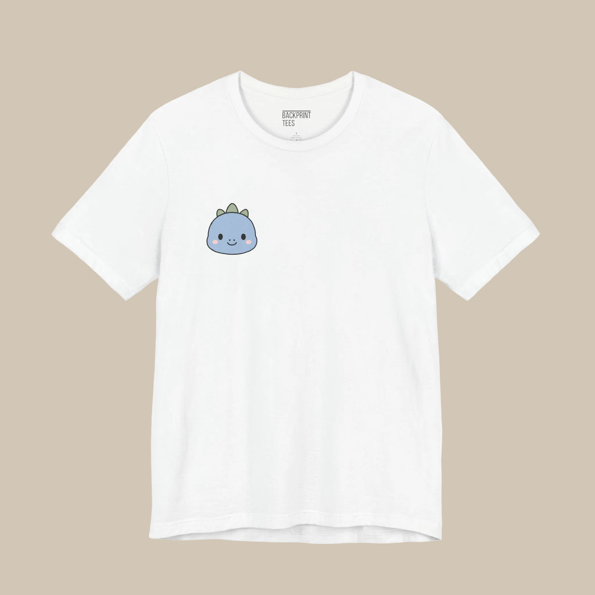 White backprint t-shirt with a blue and green dinosaur graphic design on a white background