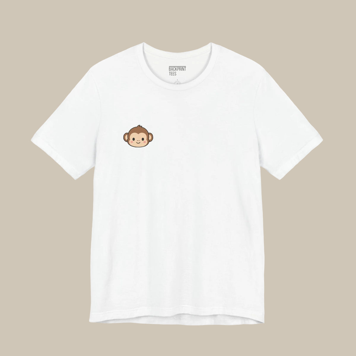 White backprint t-shirt with a kawaii monkey logo on a white background