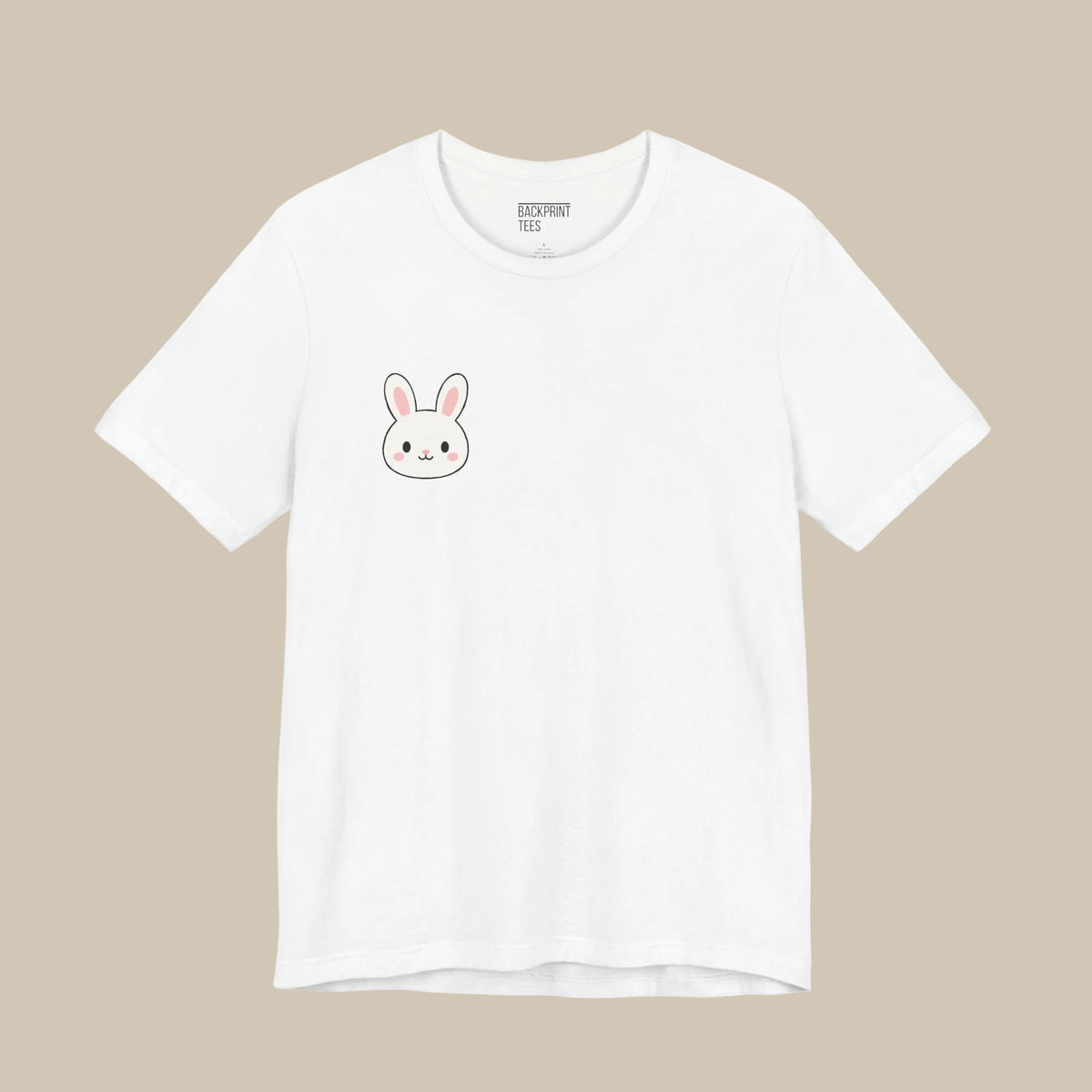 White backprint t-shirt with a kawaii bunny design on a white background