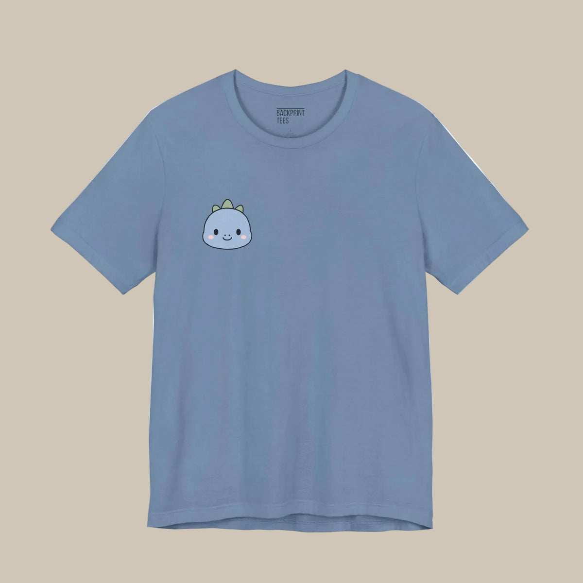 Blue backprint t-shirt with a blue and green dinosaur graphic design on a blue background