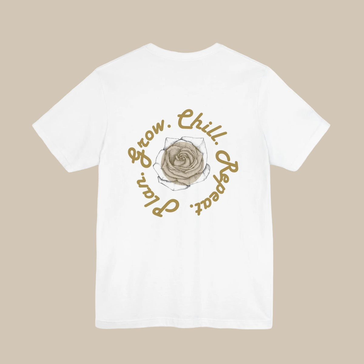 White t-shirt with a rose graphic and text on a white background