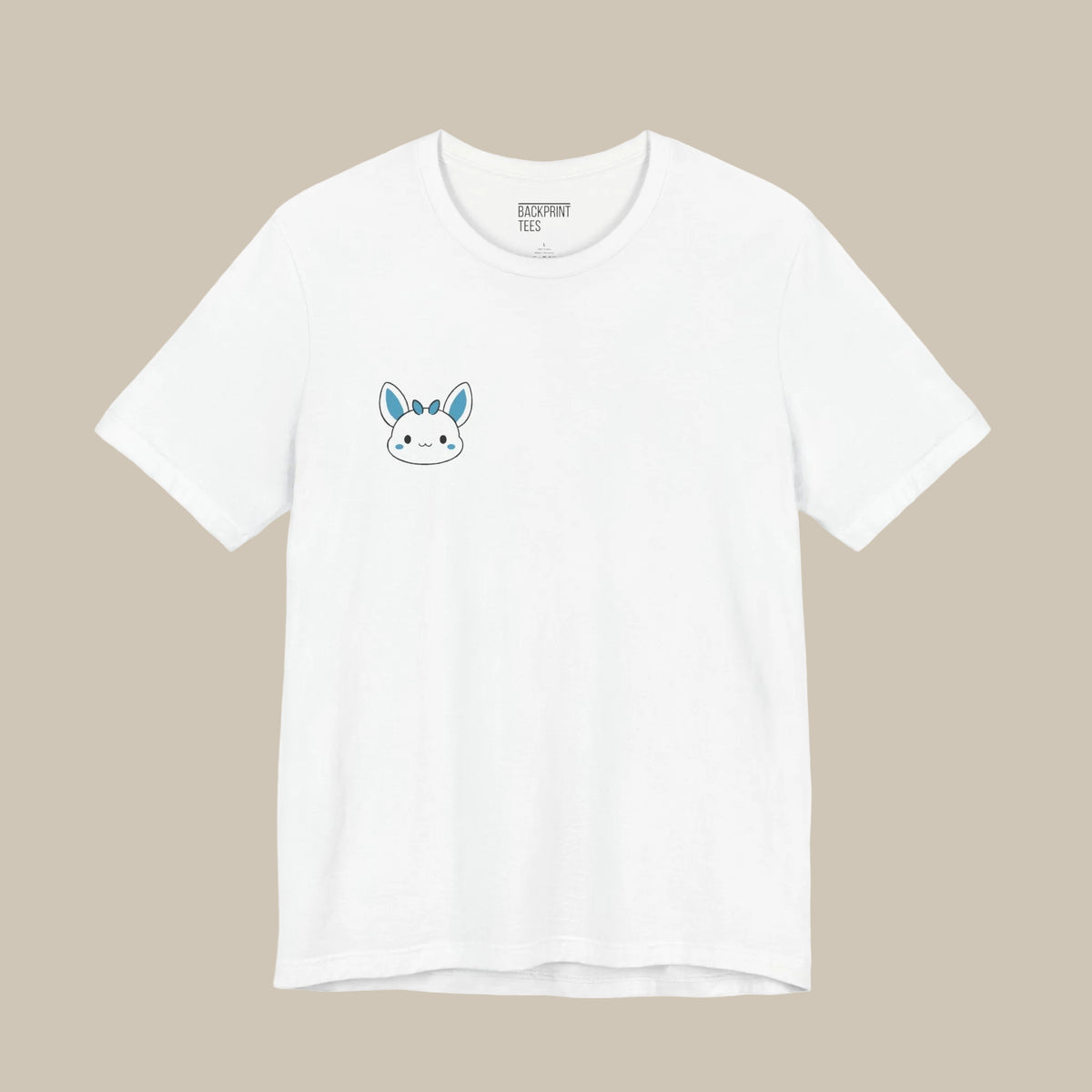 White backprint t-shirt with a kawaii pet logo on a white background
