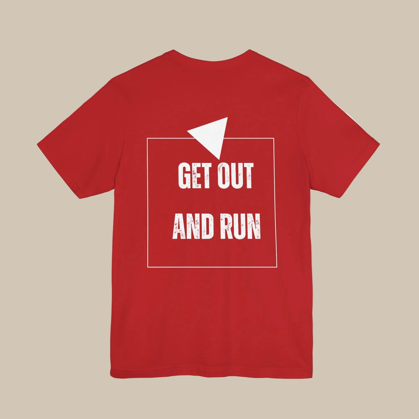 Red t-shirt with 'GET OUT AND RUN' backprint text against a red background