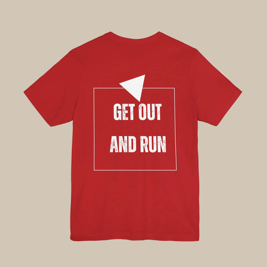 Red t-shirt with 'GET OUT AND RUN' backprint text against a red background