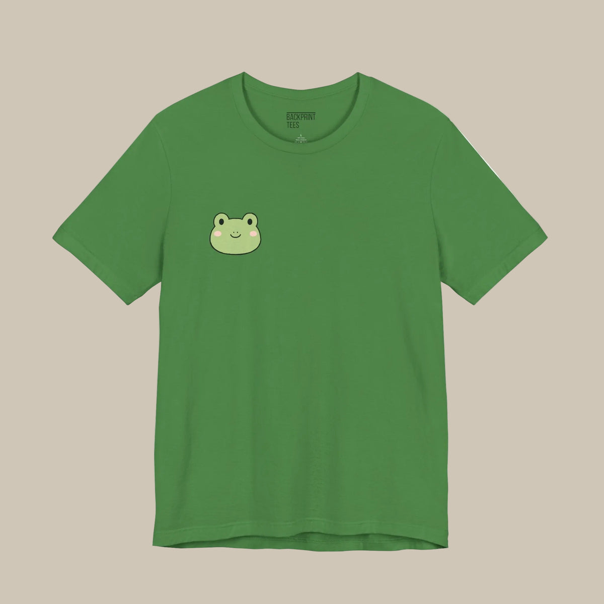 Green backprint t-shirt with a kawaii frog logo on a green background