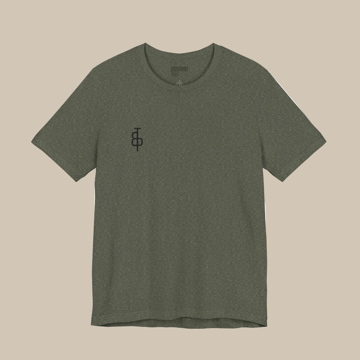 Green t-shirt with black text backprint on a green background