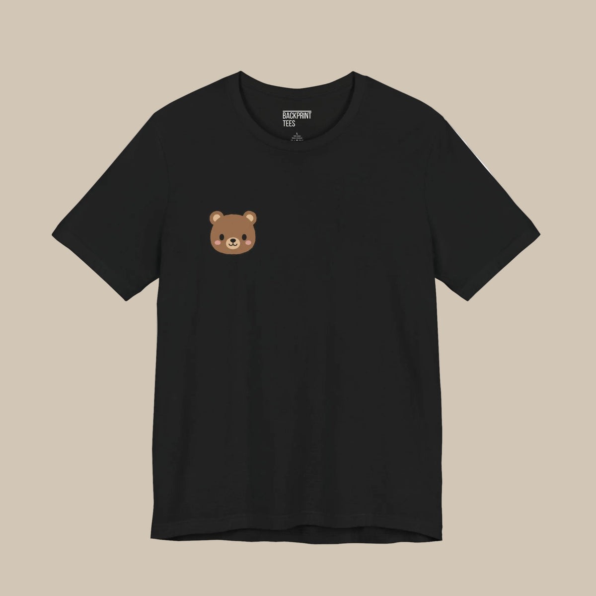 Black backprint t-shirt with a kawaii bear face design on a black background