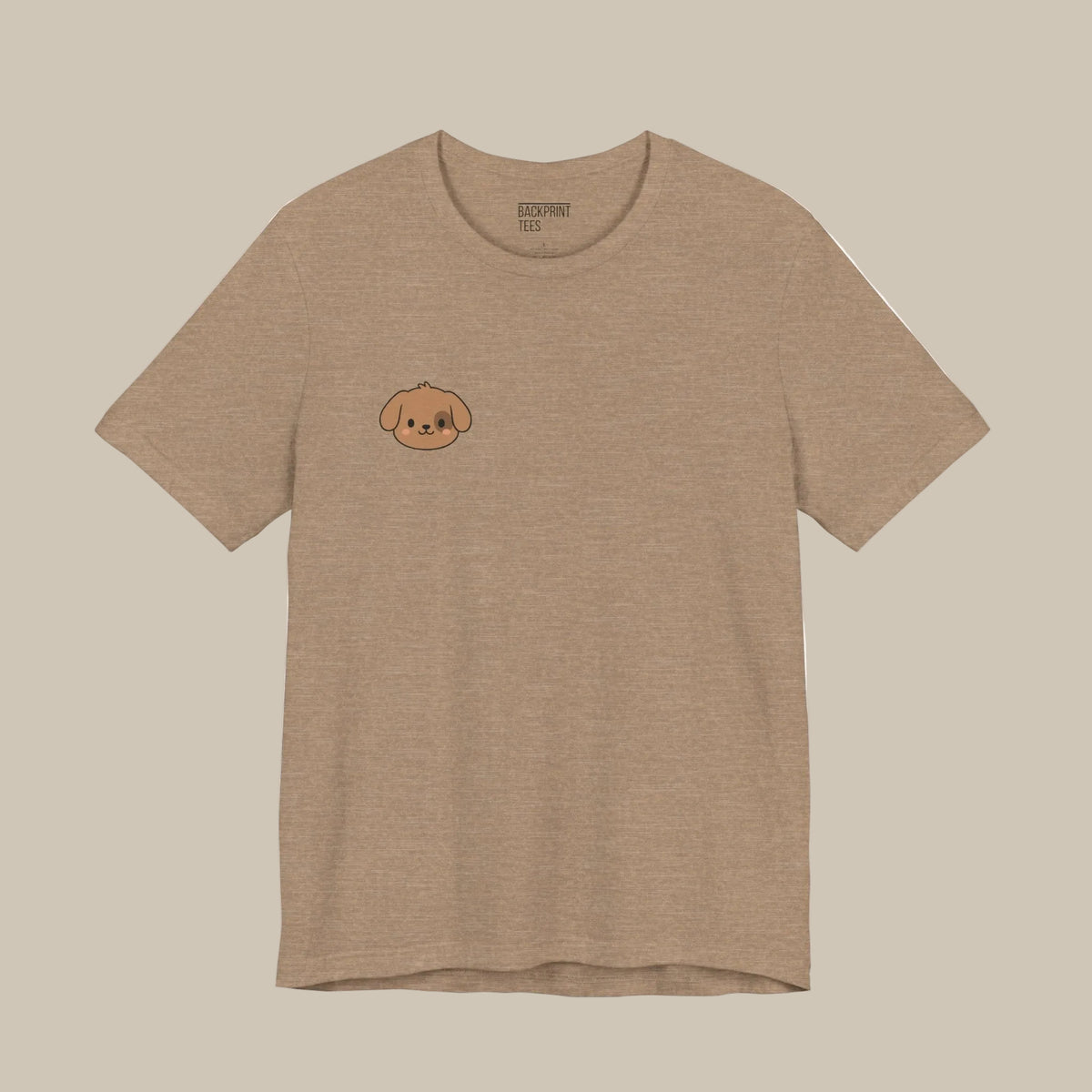 Brown backprint t-shirt with a small kawaii dog logo on a brown background