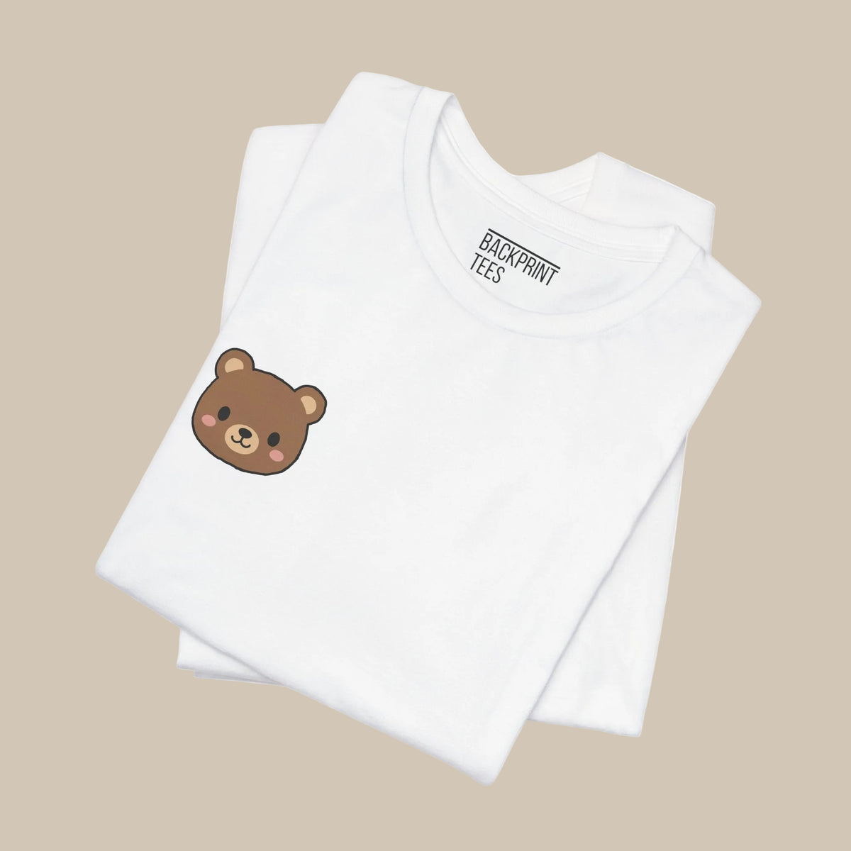 White backprint t-shirt with a kawaii bear face design on a white background