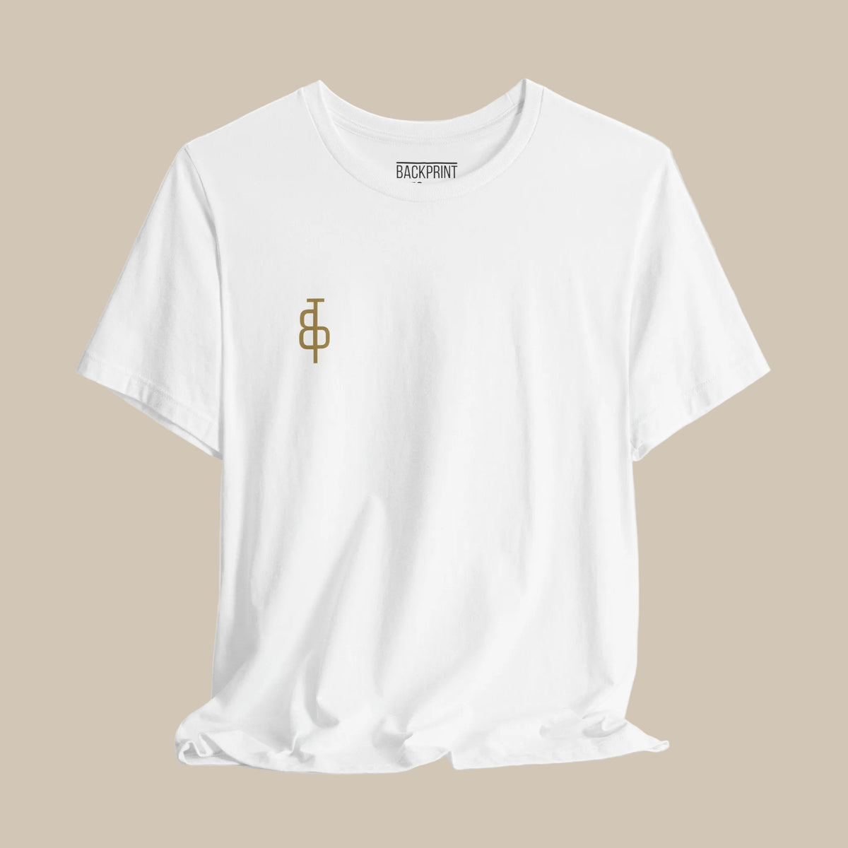 White t-shirt with a gold logo on a white background