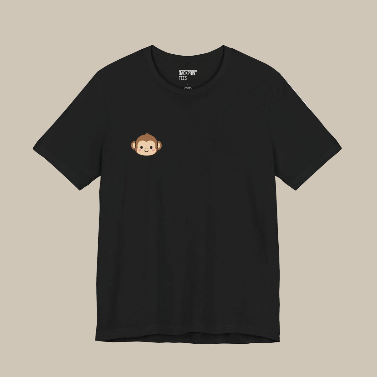 Black backprint t-shirt with a kawaii monkey logo on a black background