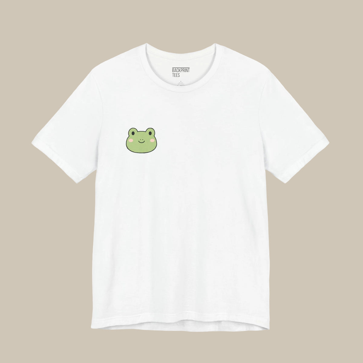 White backprint t-shirt with a kawaii frog logo on a white background
