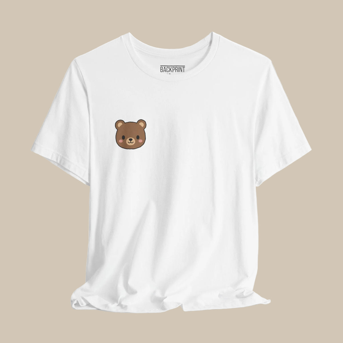 White backprint t-shirt with a kawaii bear face design on a white background