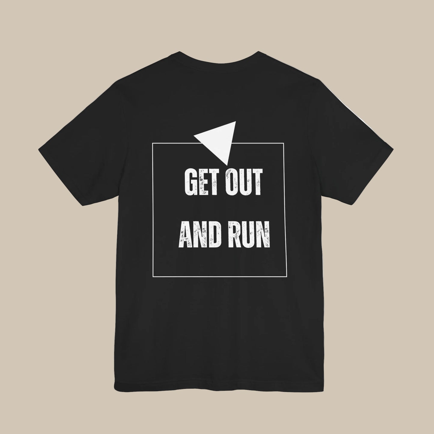 Black t-shirt with 'GET OUT AND RUN' backprint text against a black background