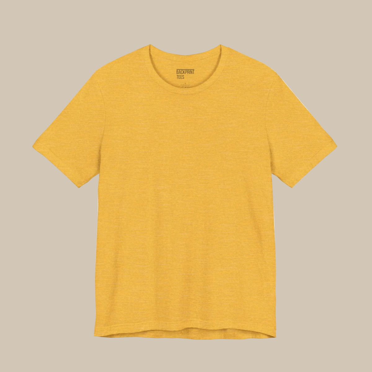Yellow t-shirt with a smiley face and backprint text against a yellow background