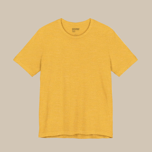 Yellow t-shirt with a smiley face and backprint text against a yellow background