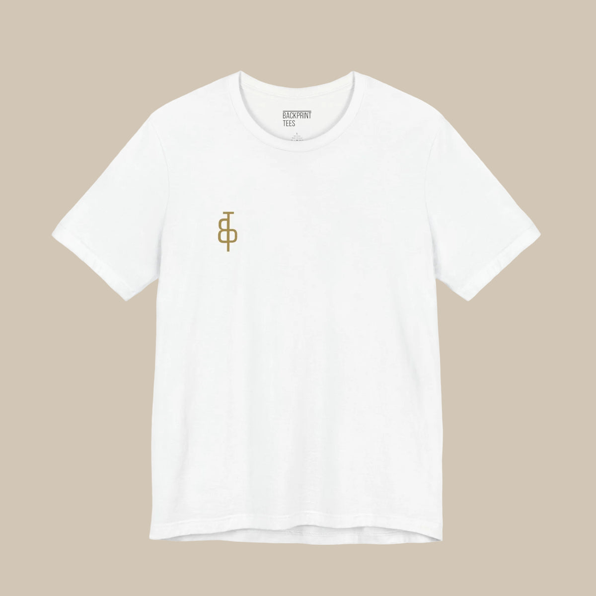 White t-shirt with a gold logo on a white background