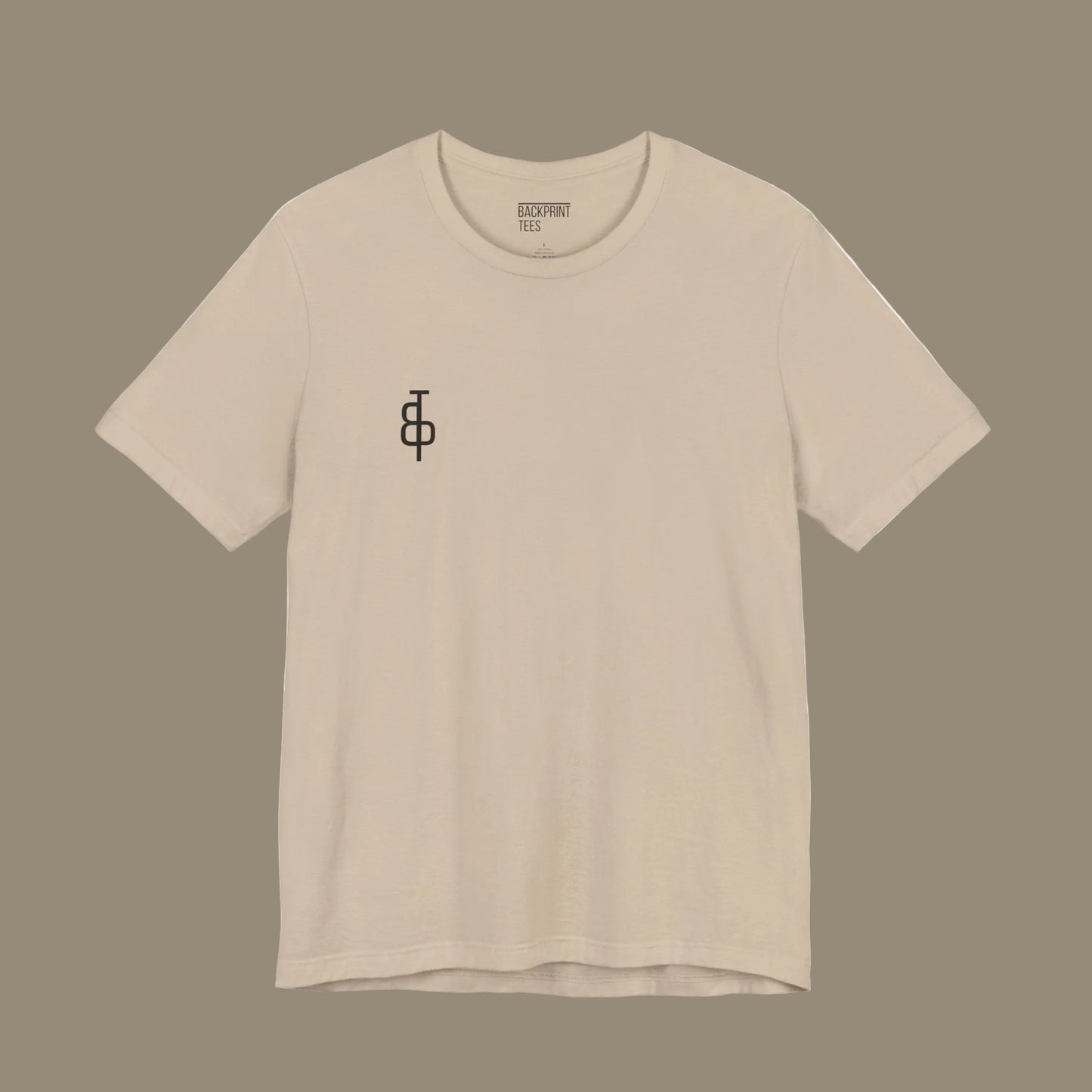 Beige gym t-shirt with black text on a beige background