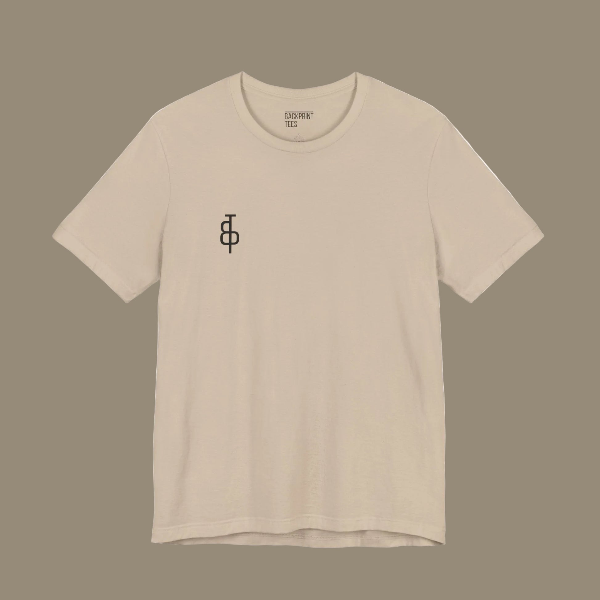 Beige gym t-shirt with black text on a beige background