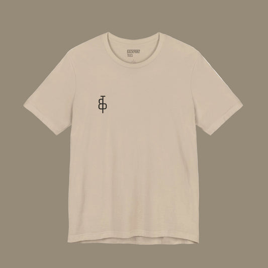 Beige gym t-shirt with black text on a beige background