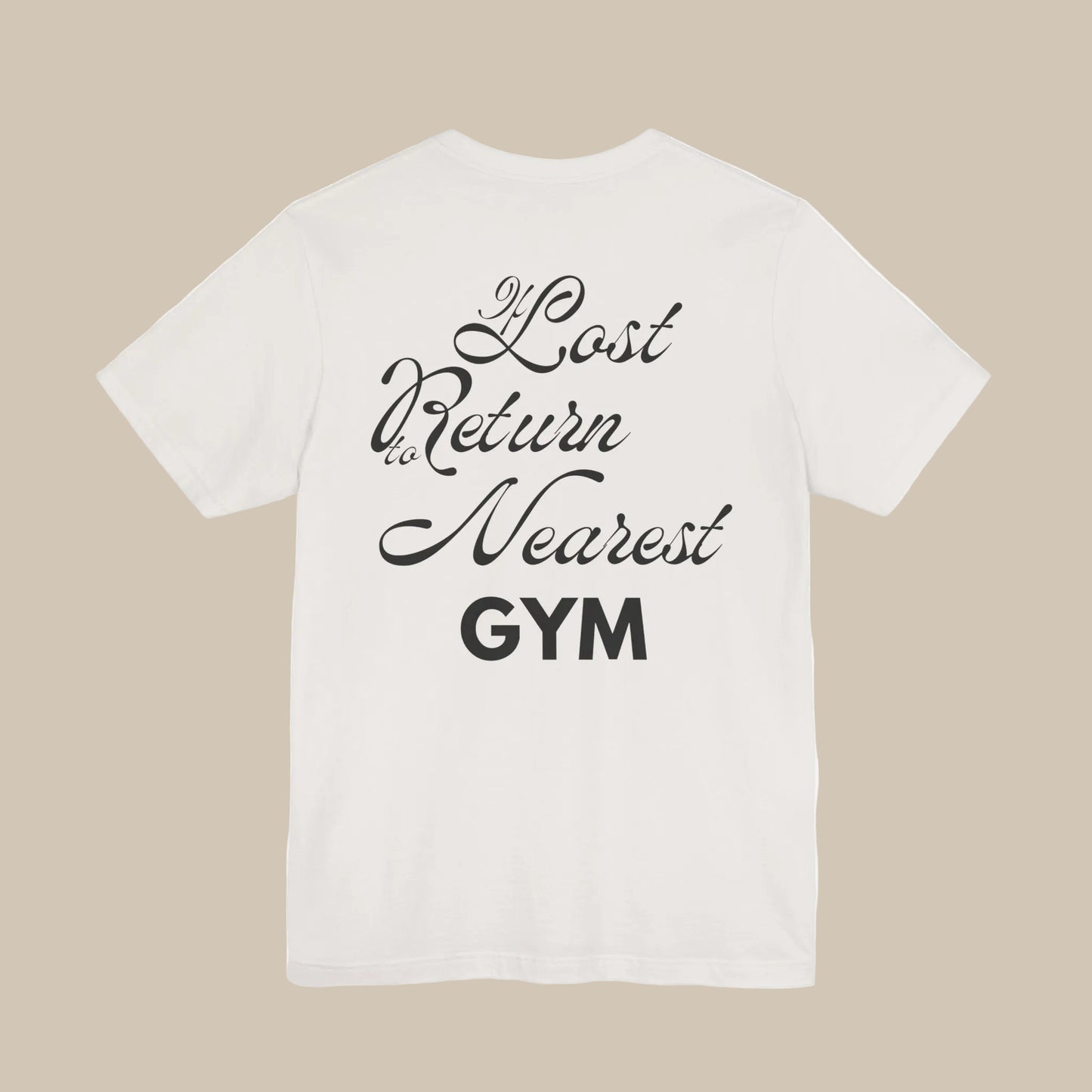 White gym t-shirt with black text on a white background
