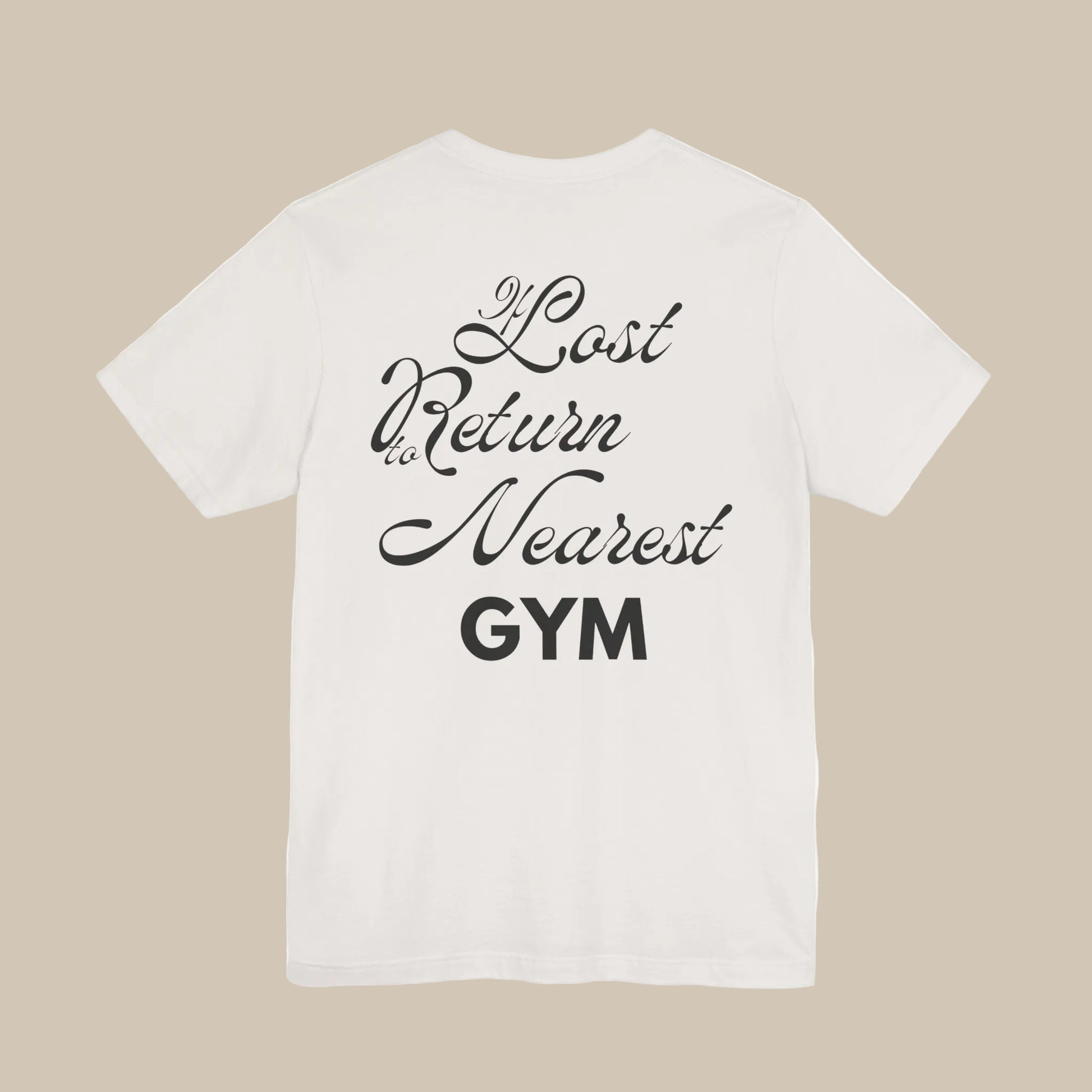 White gym t-shirt with black text on a white background
