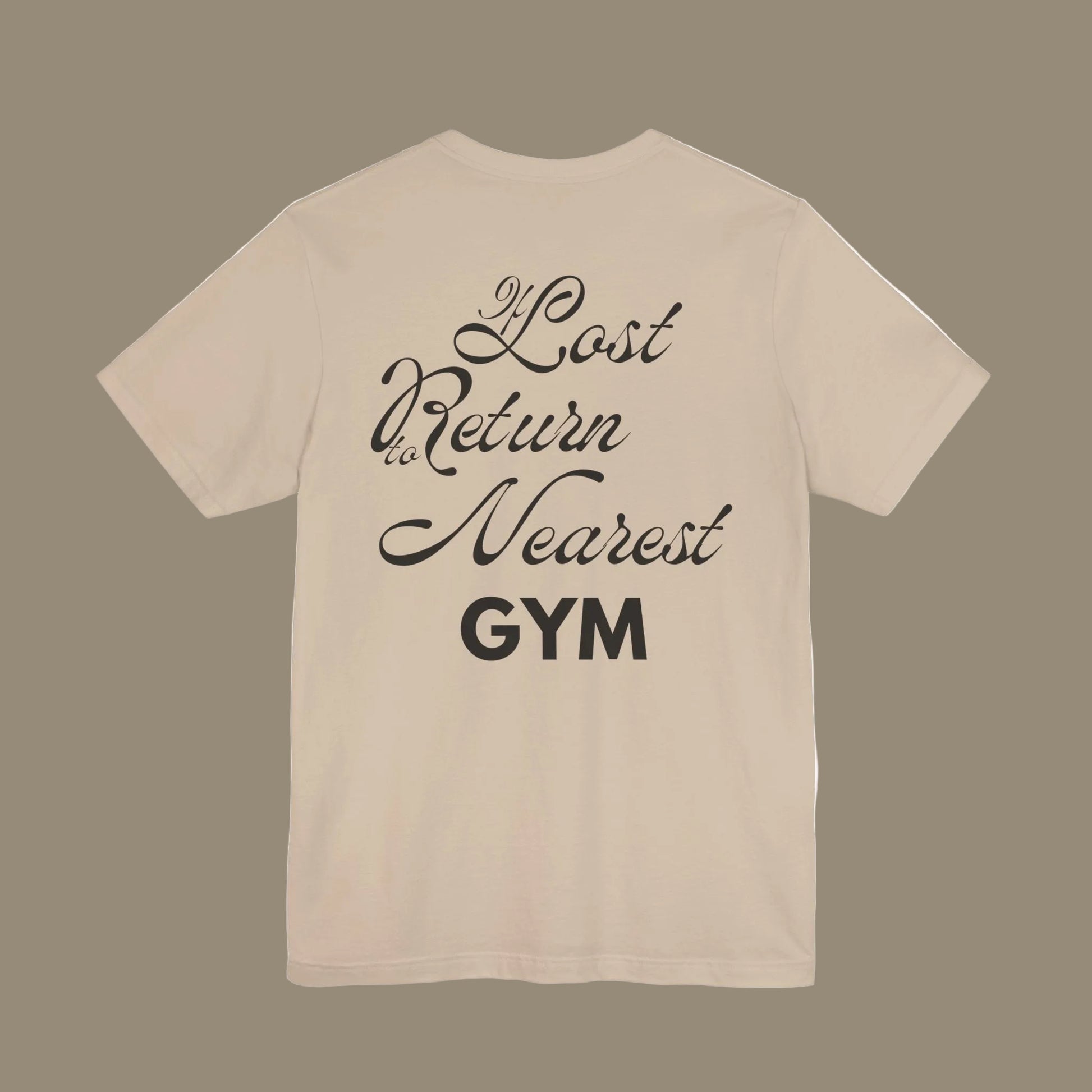 Beige gym t-shirt with black text on a beige background